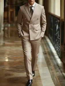 Men's 2pcs Slim-Fit Suit Set - Menswear Wedding & Business Formal Attire with Notch Jacket & Matching Trousers, Solid Color Dress Pants Suit for Groom, Groomsmen, Corporate Events - Year-Round Wearable (No Stretch Fabric)