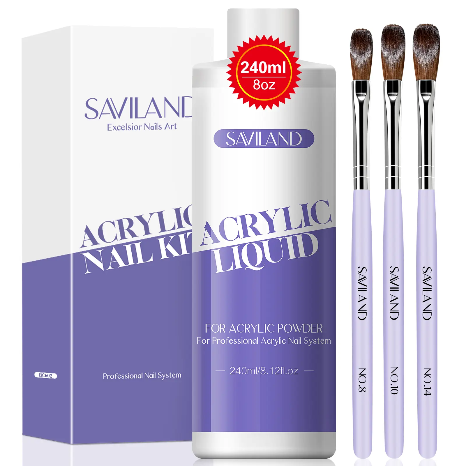 Monomer Acrylic Nail Liquid 8.11fl.oz Acrylic Liquid with 3PCS Acrylic Brushes Size（8/10/14）for Acrylic Powders True-EMA Non-Yellowing Acrylic Nail Liquid for DIY Home Nail Salon Use Nail Art Nail Care