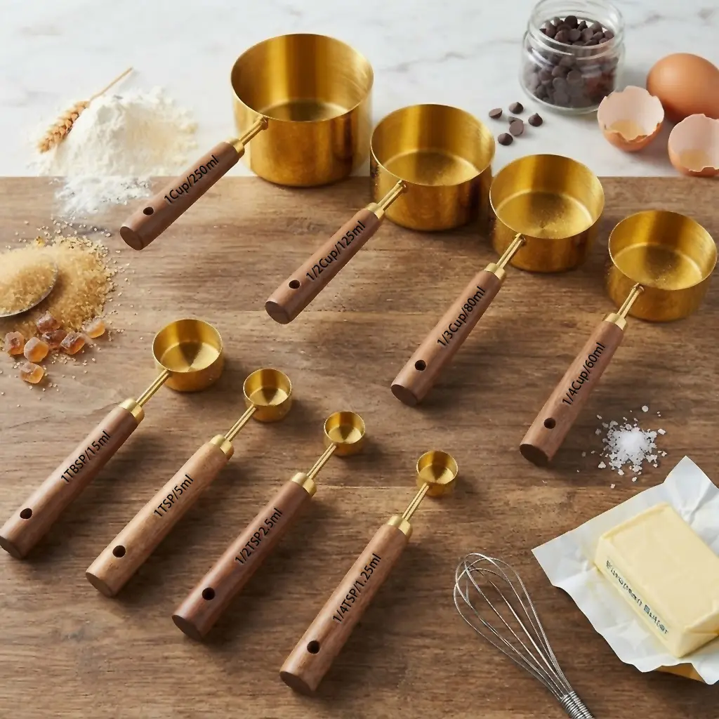 8-piece hanging wooden handle measuring cup and spoon - high-end gold-plated measuring cup, durable measuring cup for flour and syrup ingredients, summer baking and cooking tools, preferred gift for housewarming and wedding kitchen utensils Kitchenware