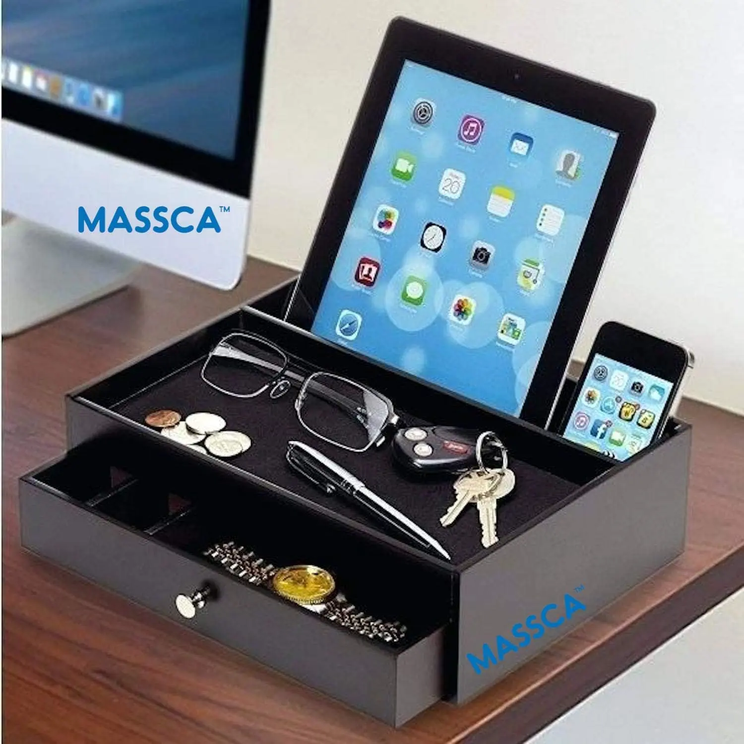 Wood Phone Docking Station -Nightstand Organizer for Men - Multi-Device Valet Tray for Men - Nightstand Drawer Organizer Great for Your Wallet, Keys, Phones & Other Electronic Devices