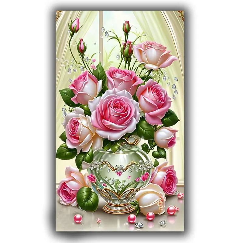 Large Vase Roses Flower 5D DIY Diamond Painting Kit, Mosaic Cross Stitch Craft Set, Crystal Art Decorative Stone Hobby Gift