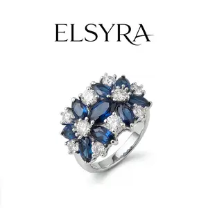 S925 Sterling Silver with Zirconia Wedding Ring for Adults - Blue Pave Gemstone Statement Adjustable Ring with Flower Design For Mother, mom,Elegance Ring with Flower Design for Valentine's Day, Mother's Day, and Wedding