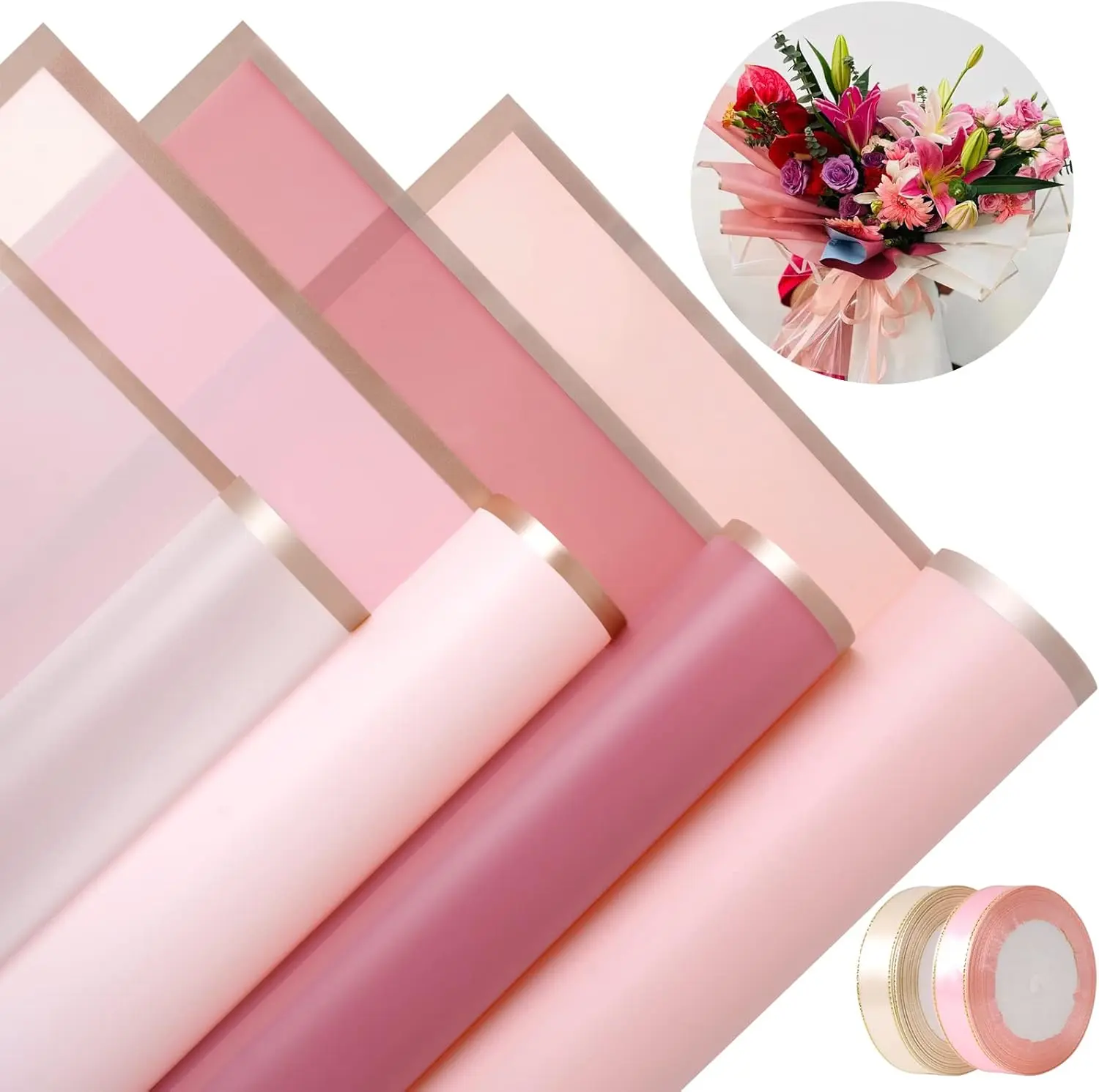 Frosted Waterproof Gold-Line Flower Wrapping Paper - 20 Thick Sheets, 2 Satin Ribbons, Soft Texture, Wedding Bouquet Protective Pack, DIY Craft Pack for Enthusiasts