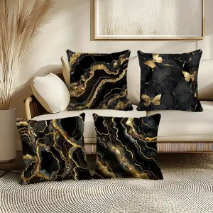 4pcs Set Premium Golden Butterfly And Black Marble Pillowcases, Decorative Pillow Covers, Zippered Cushion Covers, Home Decor, for Sofa, Living Room And Bedroom, Machine Washable, Single-Sided Print No Pillow Insert, Available in Three Sizes