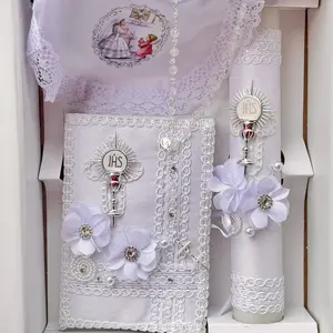 White 4pcs First Communion Candle Set,Candle in Box English/Spanish