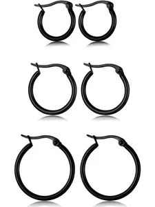 3 Pairs Stainless Steel Hoop Earrings Set for Women Mens Black Silver Gold Small Hoop Earring, Lightweight Click-Top Hoops Piercing 10-20MM