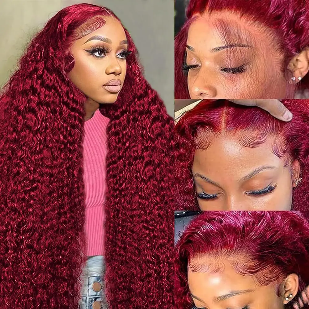 Women's 99J Burgundy Deep Wave Lace Front Wig - 13x6 HD 180% Density, 100% Real Human Hair, Curly Wave, Glueless 13x6 Human Hair Wig, Curly Wave Wigs