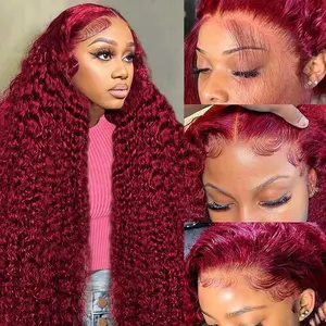 99J Burgundy Deep Wave Lace Front Wigs Human Hair 180% Density 13x6 HD Lace Frontal Wigs for Women 100% Real Human Hair