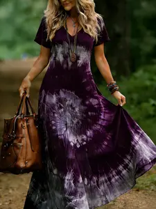 Plus Size Tie-Dye V-Neck Short-Sleeve Maxi Dress Casual Loose Fit Long Dress, Y2K Clothes Summer Daily Wear, Trendy Bohemian Dresses, Comfortable Relaxed Fit Casual Ensembles, Stylish Gradient Pattern Detail Party Casual Wear, Boho Casual Comfy