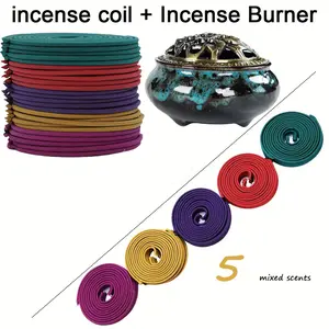 100pcs Mixed Spiral Incense Sticks + Random Color Burner, Peppermint Rose Jasmine Lavender Scented Candles, 3-4 Hours Burn Time