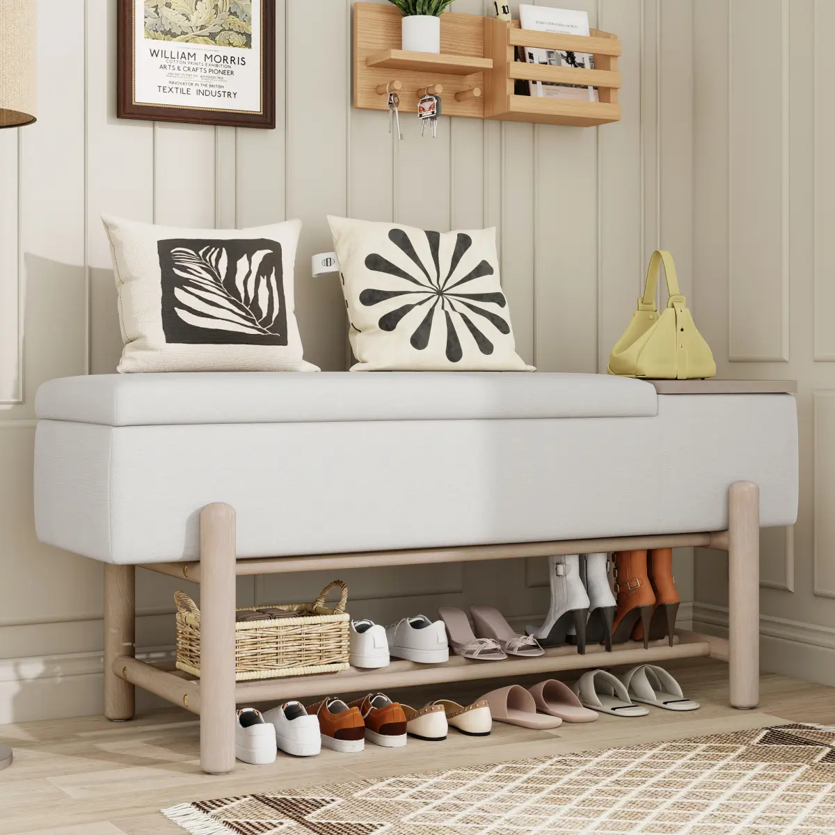 [Bellemave] Farmhouse Upholstered Storage Bench with Hidden Compartment, Modern Entryway Bench for Living Room, Entryway, and Hallways