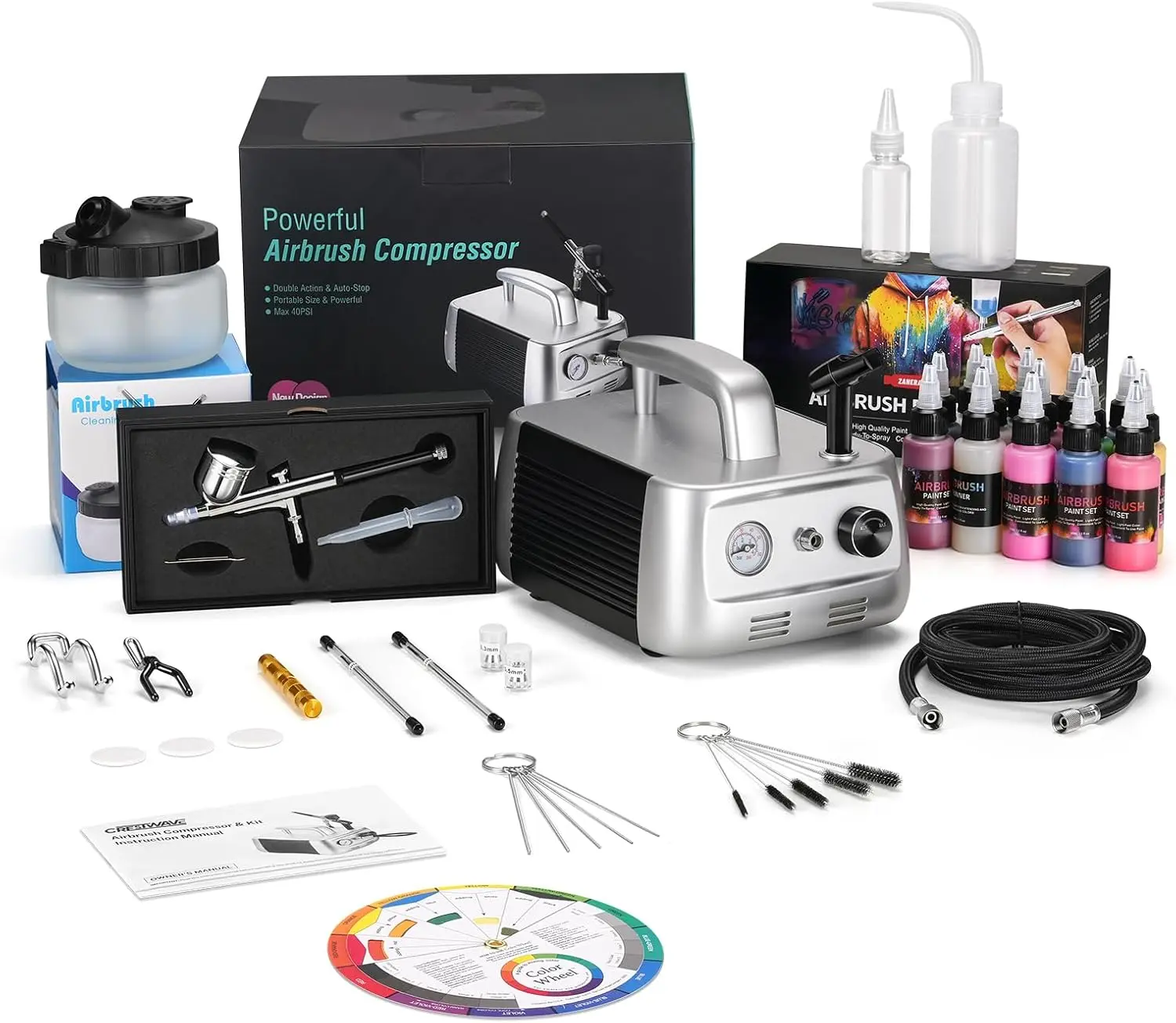 Alloxity Airbrush Kit with Air Compressor, 1/6 HP Quiet Air Compressor, Dual-Action Airbrush 0.3/0.4/0.5mm Tips, 12 Paints & Cleaning Pot, Full Guide, All-in-One Package Gift for Model Painting & DIY