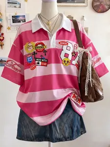 Y2K Aesthetic Letter Print Women Polo Neck Short Sleeve Summer Slimming Fitted Casual Everyday Sporty Tee