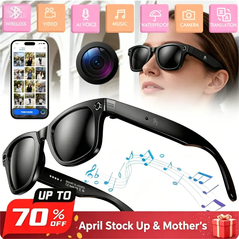 AI Smart Glasses with HD Camera, Photo Recognition & Interactive Dialogue, Noise-Canceling Smart Glasses, Black Frame