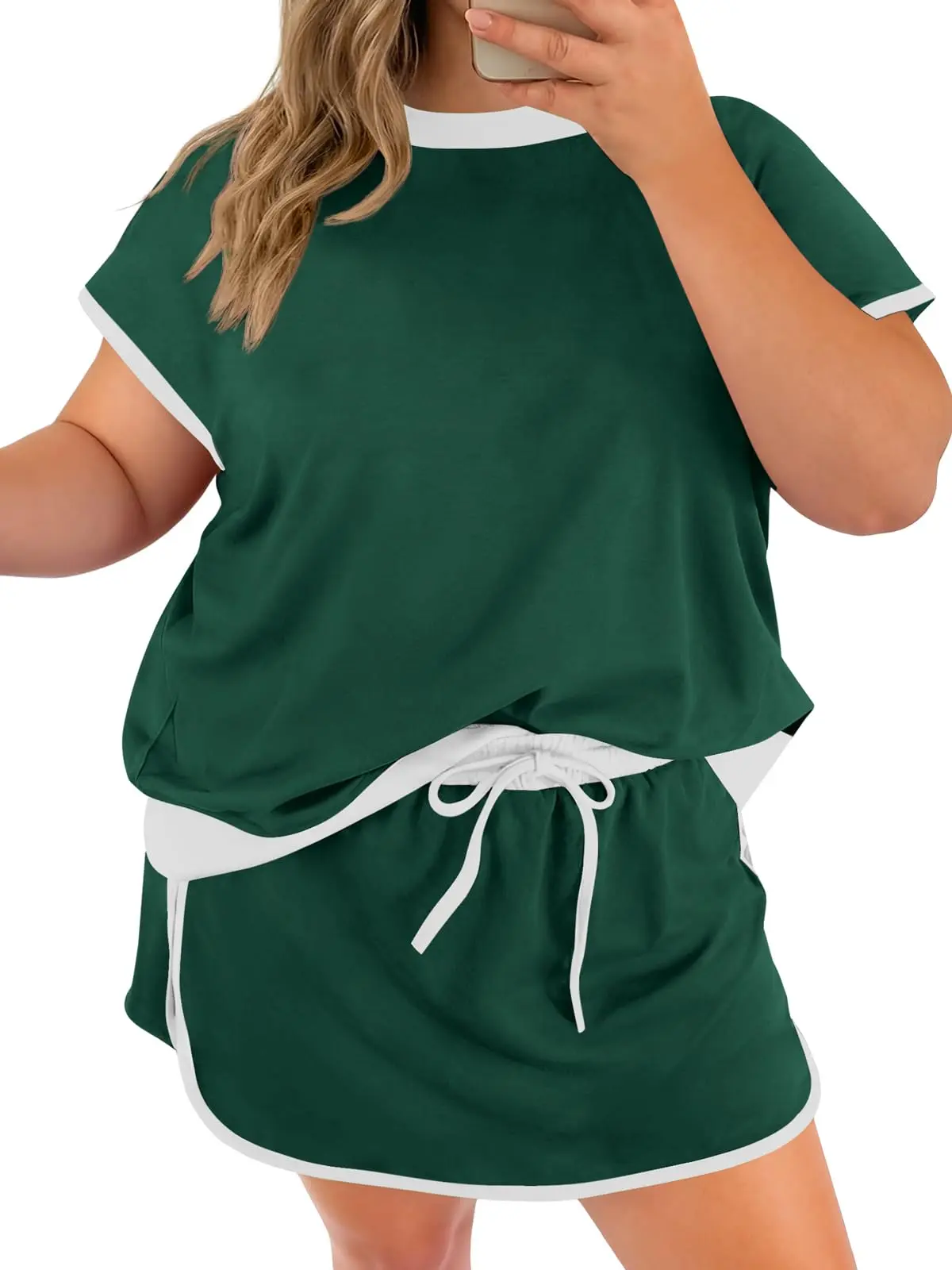 TANKANEO Women's Plus-Size 2-Piece Polyester Shorts Set, Lightweight Short-Sleeve Color Block Shirt & Adjustable Skort, Comfortable Fit Casual Matching Set