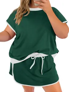 TANKANEO Womens Plus Size 2 Piece Shorts Set Summer Short Sleeve Color Block Shirts and Skort Casual Matching Sets