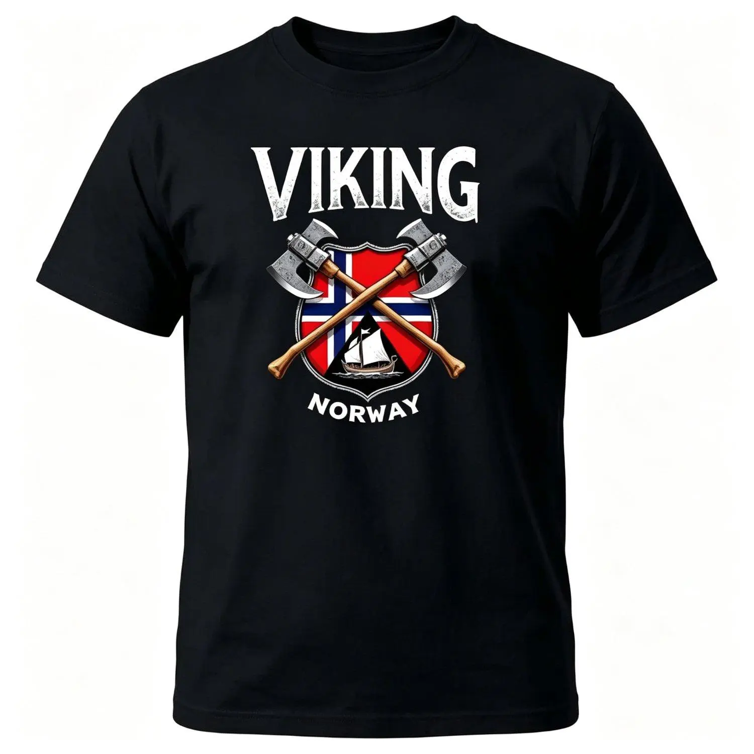 Viking Norway Norse Viking Ship & Viking Graphic Norwegian Flag Print Viking Longship Design Micro Stretch Knit Fabric All Season Casual Wear Black with White & Red Viking Lettering Machine Washable Viking Apparel T Shirt