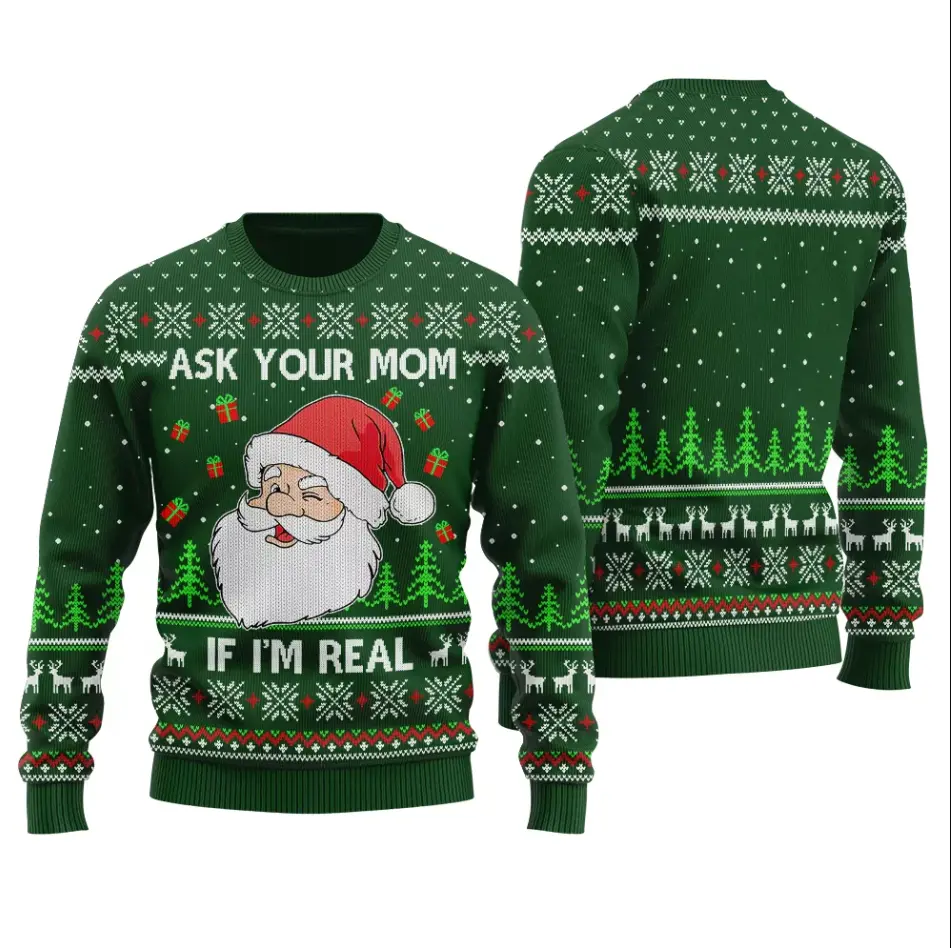 Funny Santa Ugly Christmas Sweater – “Ask Your Mom If I’m Real” Holiday Knit Pullover | Hilarious Xmas Gift for Men & Party Wear