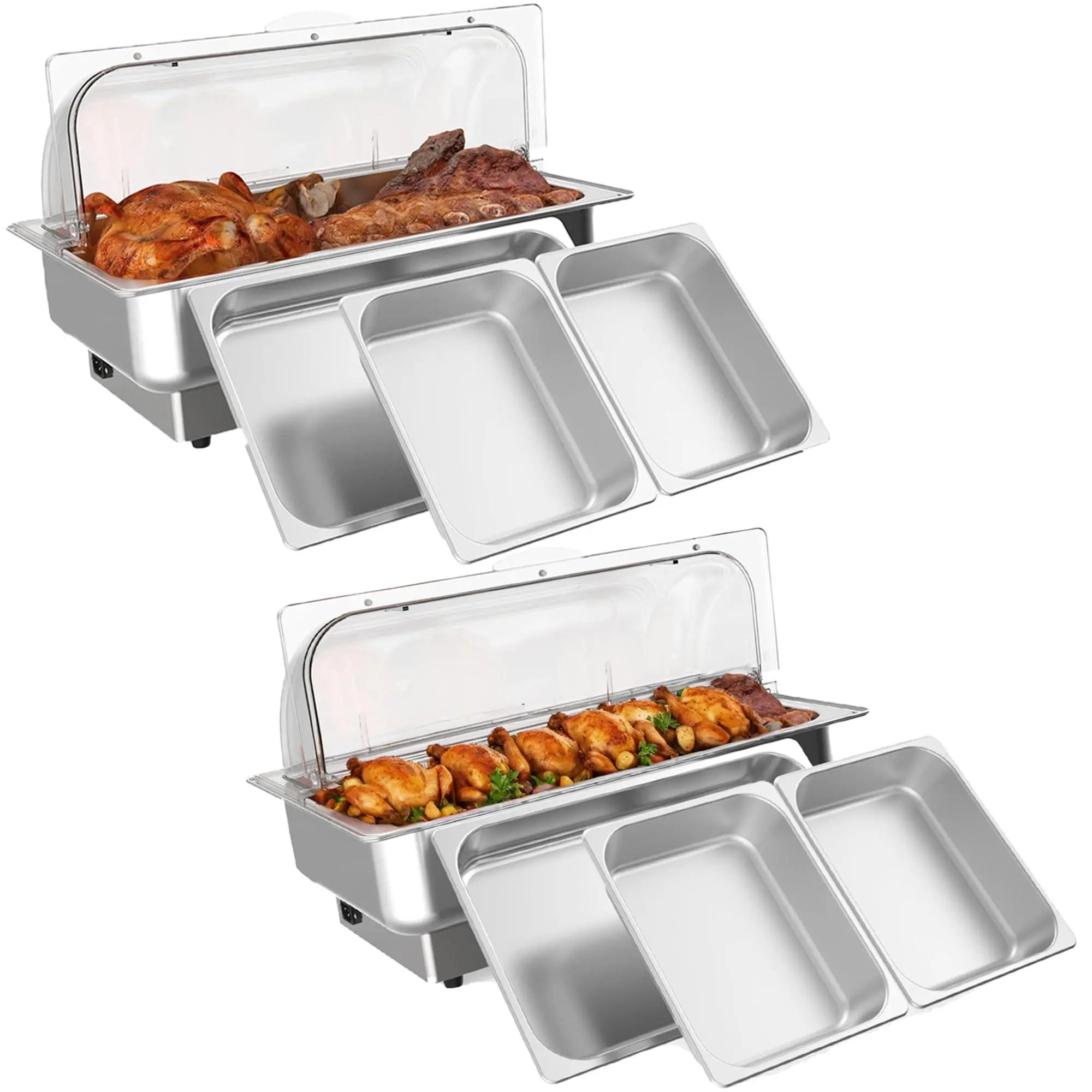 2 Packs Electric Chafing Dish Buffet Set, 9 qt Roll Top Food Warmer With Transparent PC Lid, with 1 Full-Size Pan & 2 Half-Size Stainle