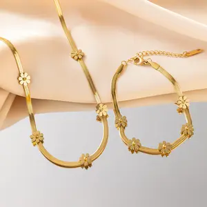 3PCS Jewelry Set Fashion Affordable Luxury Little Daisy Titanium Steel Necklace High-Grade Five Flowers Snake Bones Chain Necklace + Bracelet + Earrings