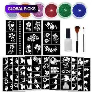 Temporary Glitter Tattoo Kit, Includes 6 Glitter Tattoos, 14 Sheets of Unique Template Stencils, 1 Glue and 2 Brushes, Body Art Painting Tool for Women and Girls, Shimmering Body Makeup #GLOBAL PICKS
