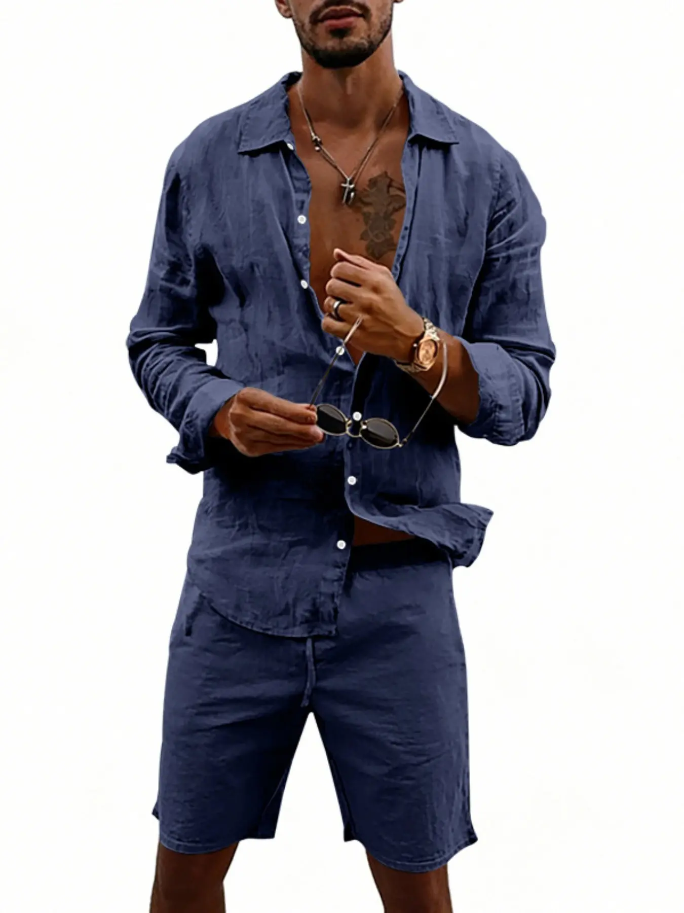 Men's 2 Piece Matching Linen Outfit Set, Pure Color Long Sleeve Button Down Shirt & Shorts, Lightweight Breathable Fabric, Casual Tropical Beach Suit for Summer Vacation & Resort Wear, Beachwear
