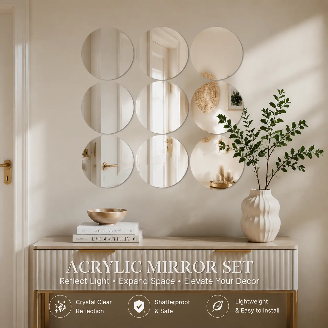 12 Pieces / 18 Pieces 12 Inch Round Acrylic Mirrors, Shatter Resistant Wall Decor Sconces with 2mm Thick Acrylic Material, Elegant Wedding Party Christmas Decoration Set with 2 Mini Holders