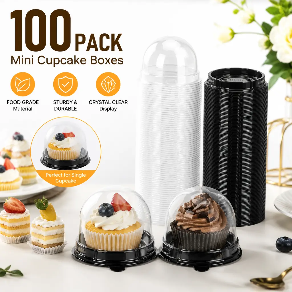 100 Pack Mini Cupcake Boxes – Clear Plastic Containers with Lids for Baking, Party Favors, Bakery Display – Perfect for Cupcakes, Muffins, Desserts