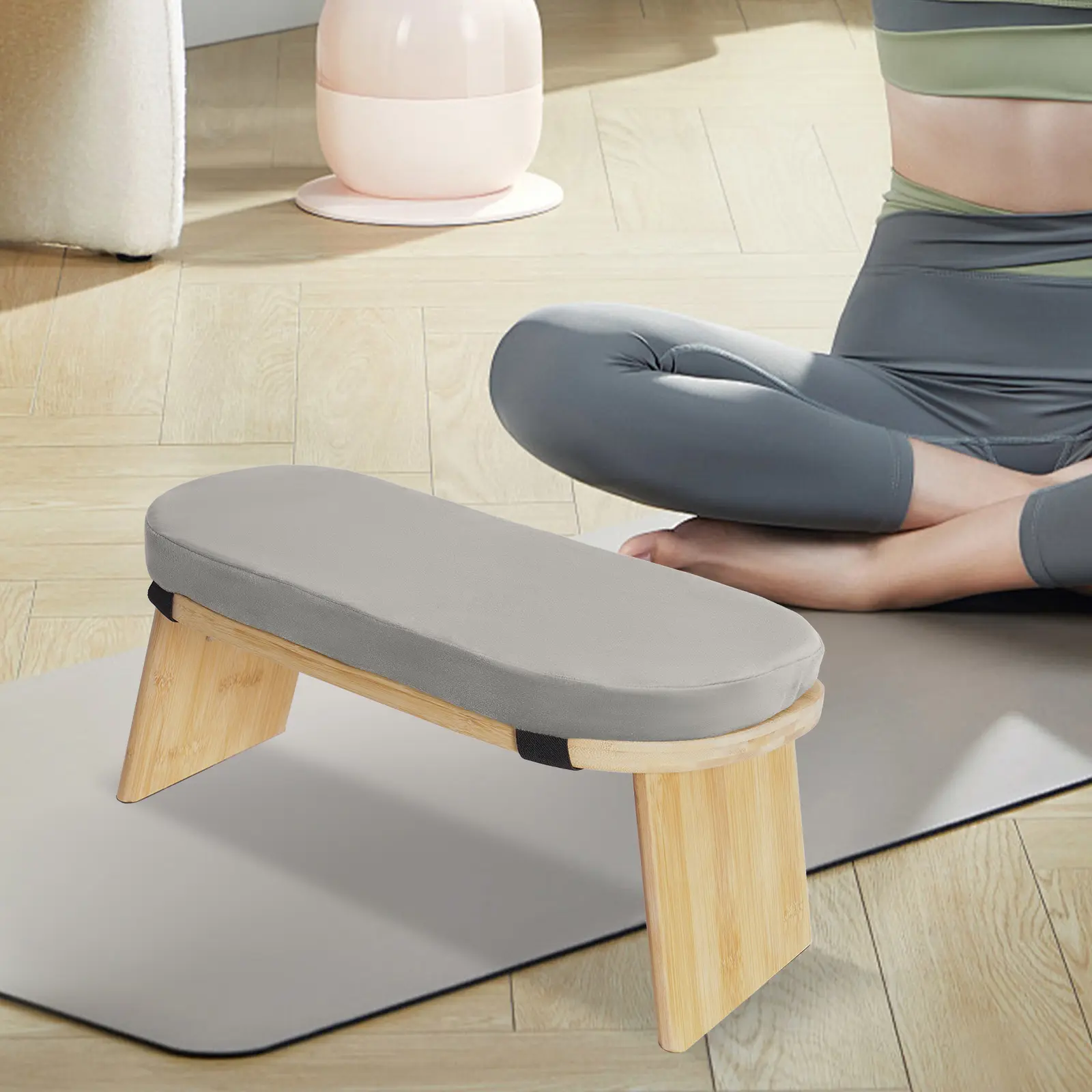 Modern Bamboo Meditation Stool - 5° Forward Tilt, 180kg Load Capacity, 2.2kg Weight, 44*19*21cm Size, Compact Ergonomic Design, Velvet Sponge Meditation Cushion, Oxford Footrest, Stable Base for Yoga, Prayer Seating, 180Kg/396.83Lbs