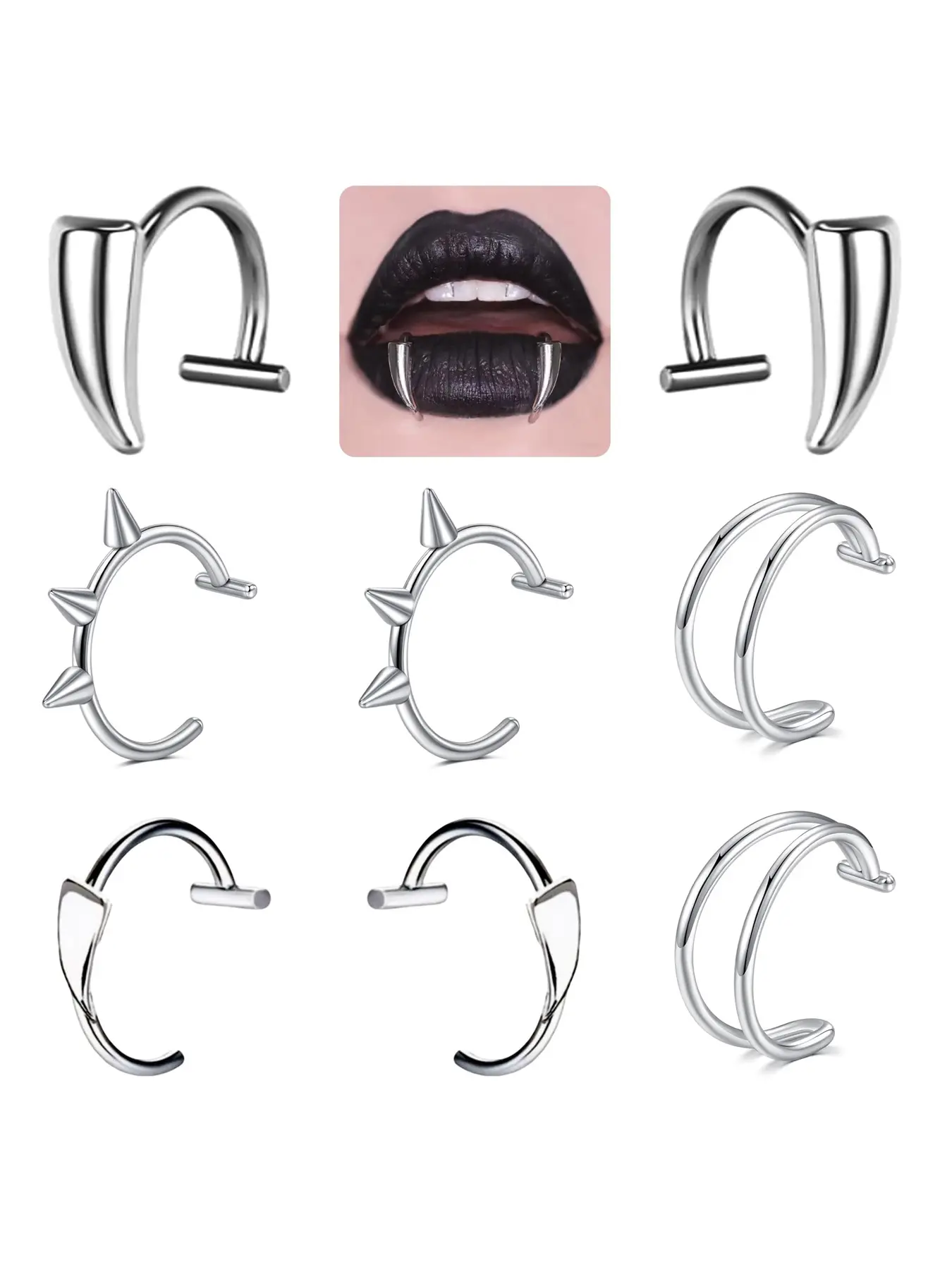 Fake Lip Ring Vampire Teeth Ring Adjustable Fit Clip on Lip Piercing Non-Piercing Lip Cuff Ear Cuff Earrings Faux Snake Bite Nose Piercing Jewelry For Women Men Halloween Vampire Theme Edgy Flair Stainless Steel