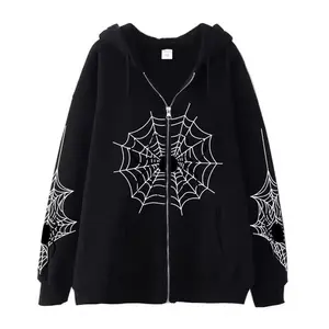 Oversized Spider Web Print Zip-Up Hoodie (Without T-Shirt)
