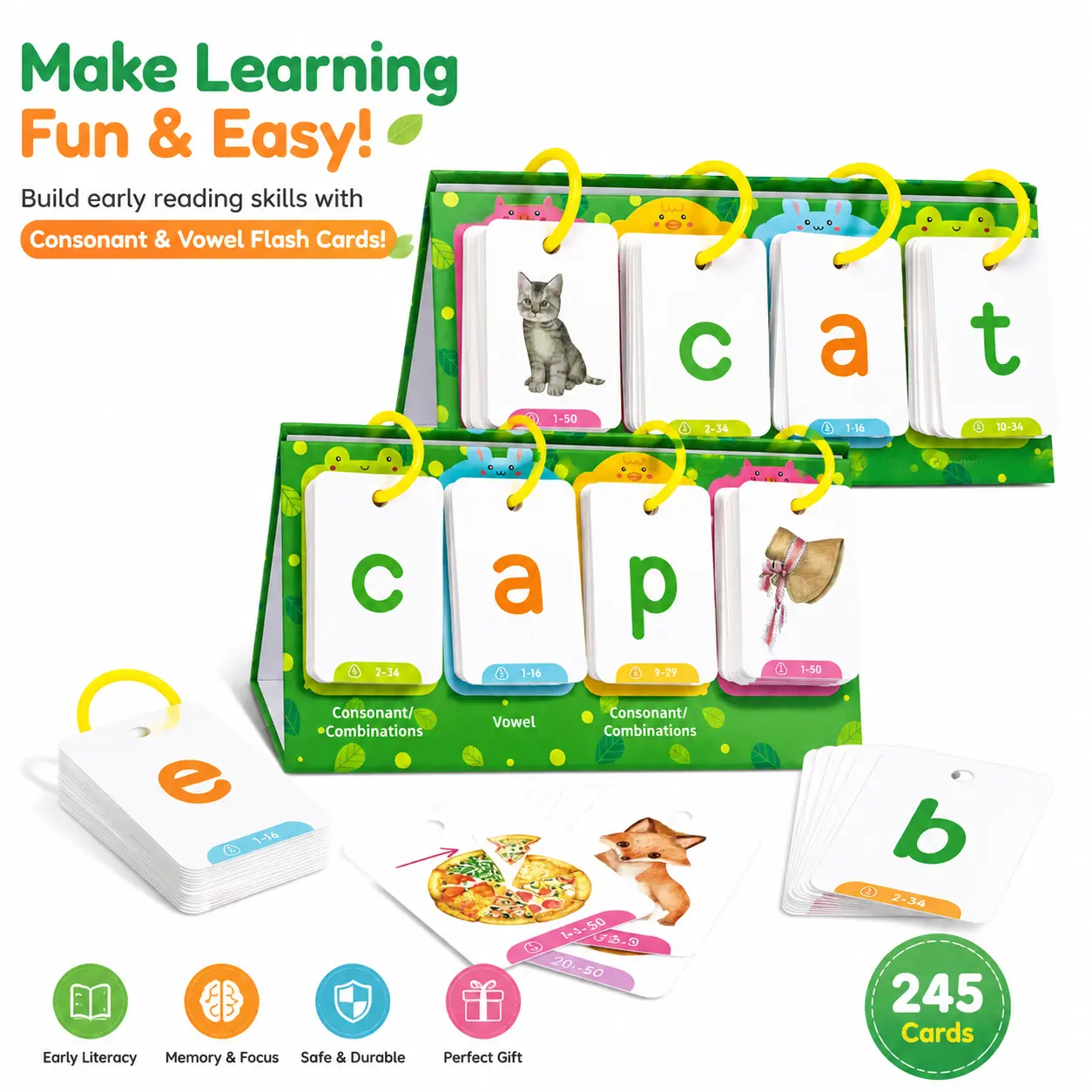 129-Piece Double-Sided CVC Word Flip Charts Desktop Set - Preschool Language Learning Flash Cards, Interactive Game Study & Letter Study Cards Educational Toy