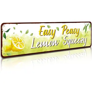 Vintage Lemon Themed Decorative Sign, Easy Peasy Lemon Squeezy, 4x16 Inch Aluminum Wall Mount