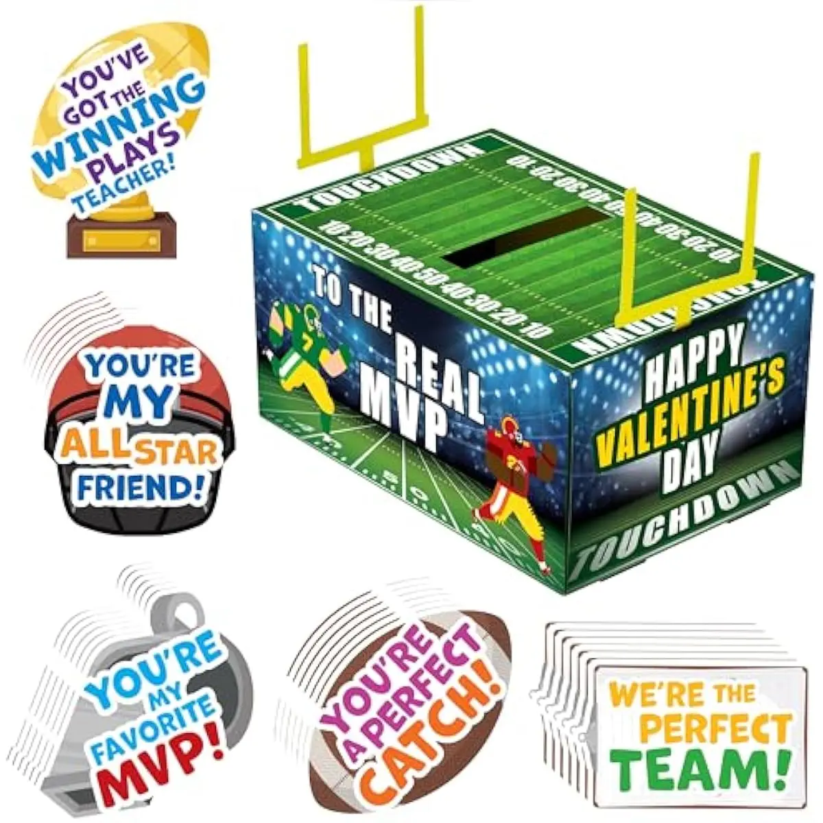 Valentine Boxes Football Classroom Mailbox with Cards for Kids, Party Favor School Exchange Prizes with Teacher Card, 4 Designs, 29 Pcs