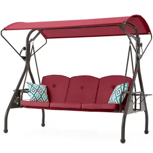 3-Seat Outdoor Porch Swing with Stand, Patio Swing with Canopy, 2 in 1 Porch Swing Bed & Patio Swing Chair for Adult, Yard Swing w/Extra Pillows and Cup Holder