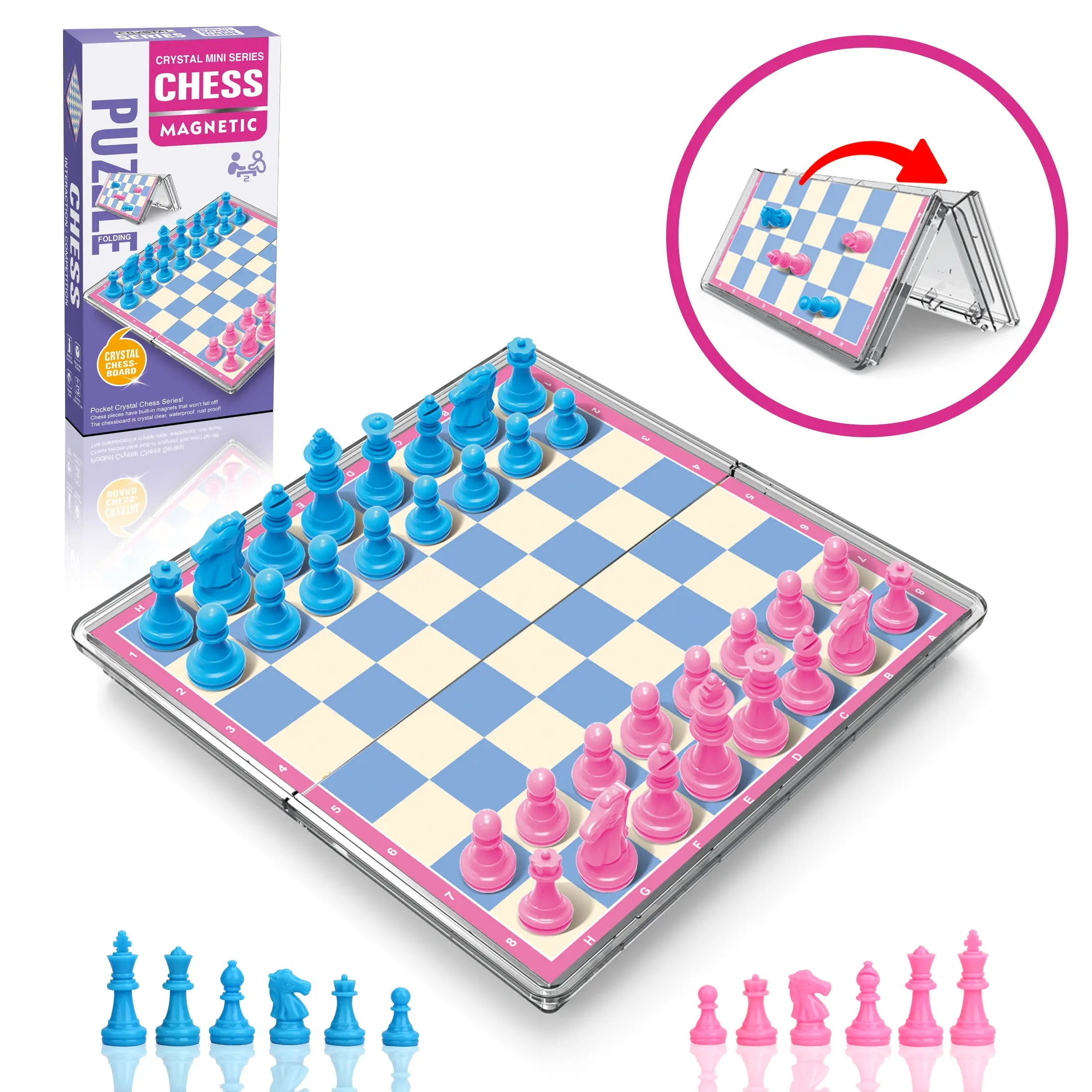 Mini Magnetic International Chess Crystal Board Set, Magnetic Chess Game, Tabletop Chess Board, Folding Chessboard, Foldable Portable Design, Ideal Gift for Kids and Adults, Home Interaction, Family Board Games