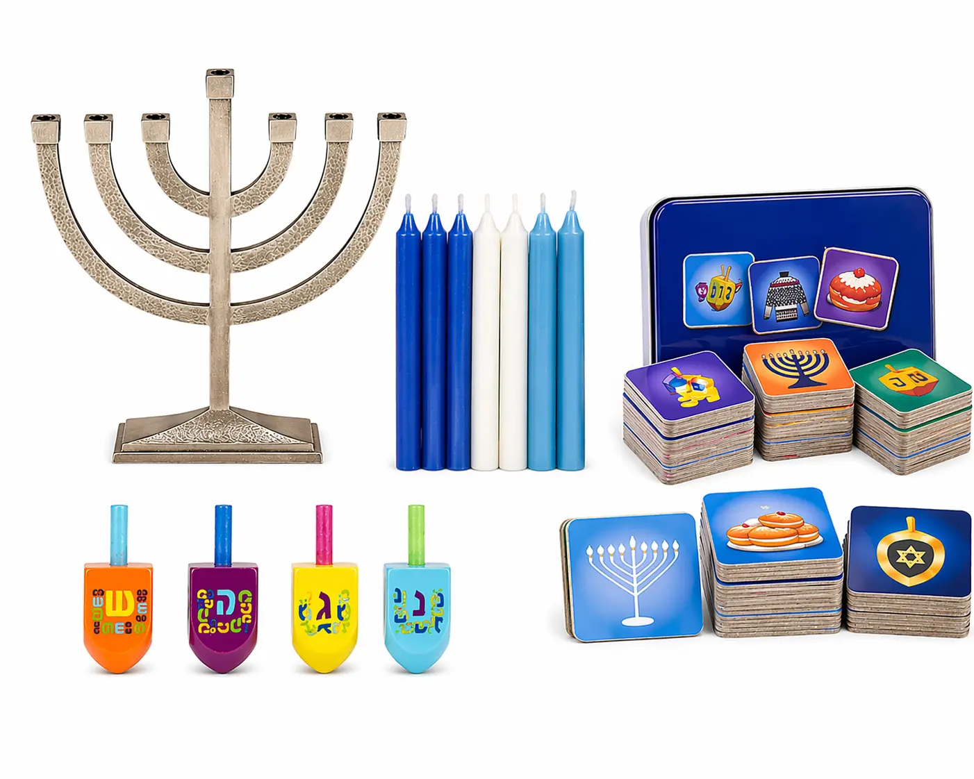Multicolor Hanukkah Decorative Set - Menorah, 8 Candles, Dreidels, Interactive Game for Home Decor & Holiday Tradition Supplies