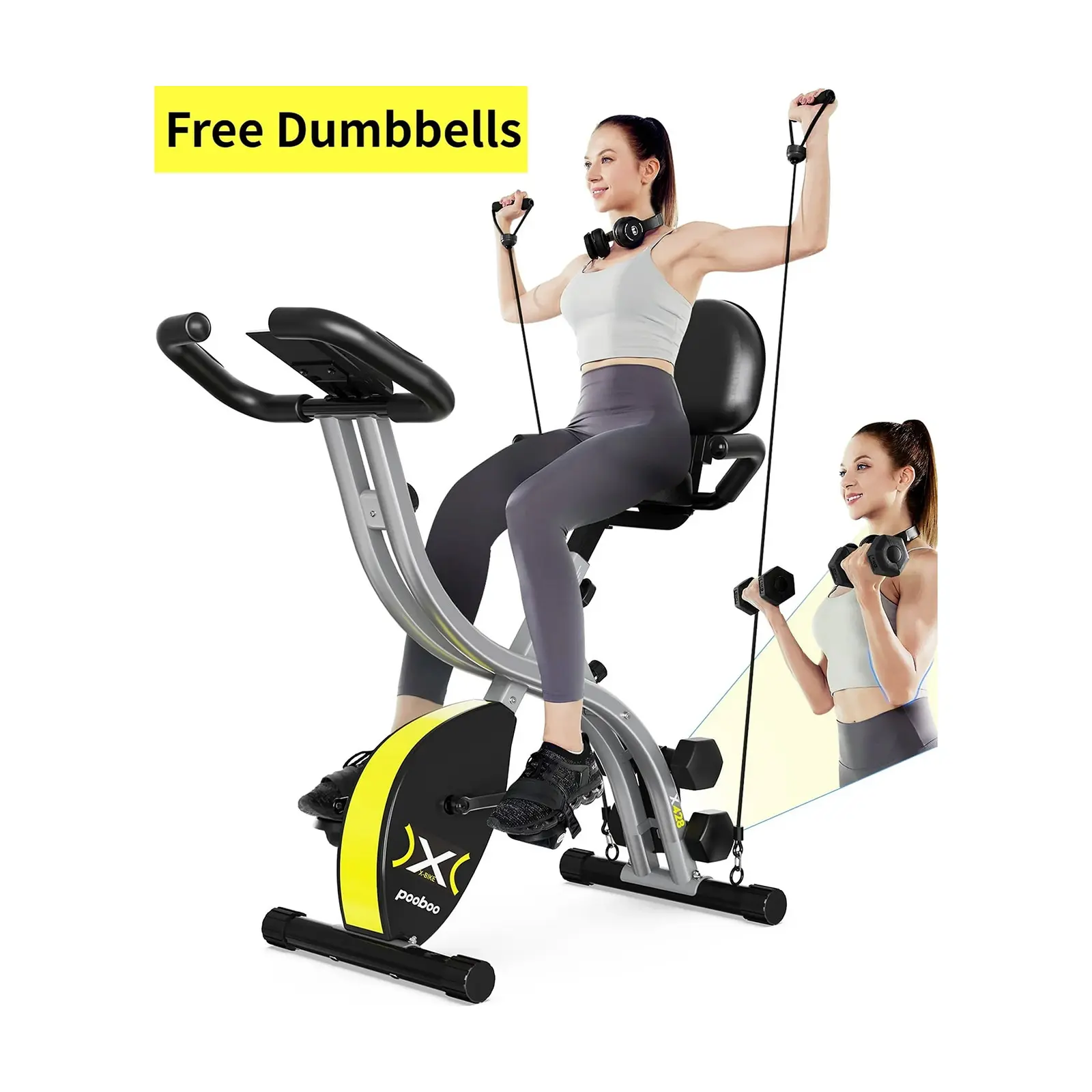 Pooboo Foldable Upright Magnetic Indoor Cycle - Ergonomic Home Fitness Equipment with Steel Pipes, Adjustable Seat, Tension Knob, Dumbbells, Resistance Bands, Heart Rate Monitor, Digital Display, 300 lb Capacity, Unisex Compact Nonslip Design, Home Workou