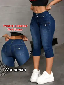 Women's Printed Leggings, Fashionable Dark Wash Fake Jeans Tight Pants, Elastic Print, All-Season Wear, Elegant Style, Bottom, Fit, Casual