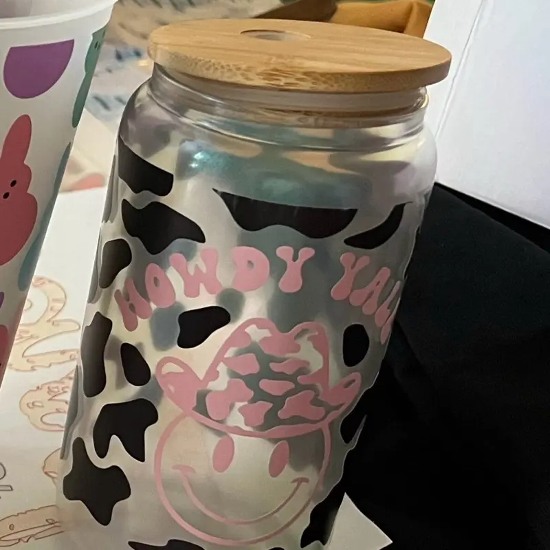 Howdy Yall Glass Cup with Cow Design and Bamboo Lid Unique Drinkware Item