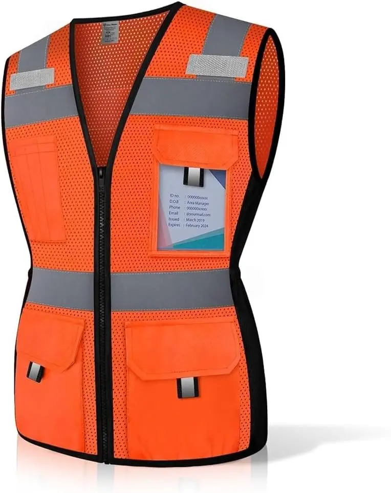 Women's Mesh Safety Vest with 11 Pockets and Zipper - Hi Vis Neon Construction Work Vest for Lady Surveyors/Workers, Snugly-Fitted, ANSI Compliant (U-Orange, M)Gift