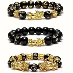 3Pcs Feng Shui Lucky Charm Bracelets for Men & Women - Natural Stone, Wealth Attraction Pixiu Design Black Beads Bracelet