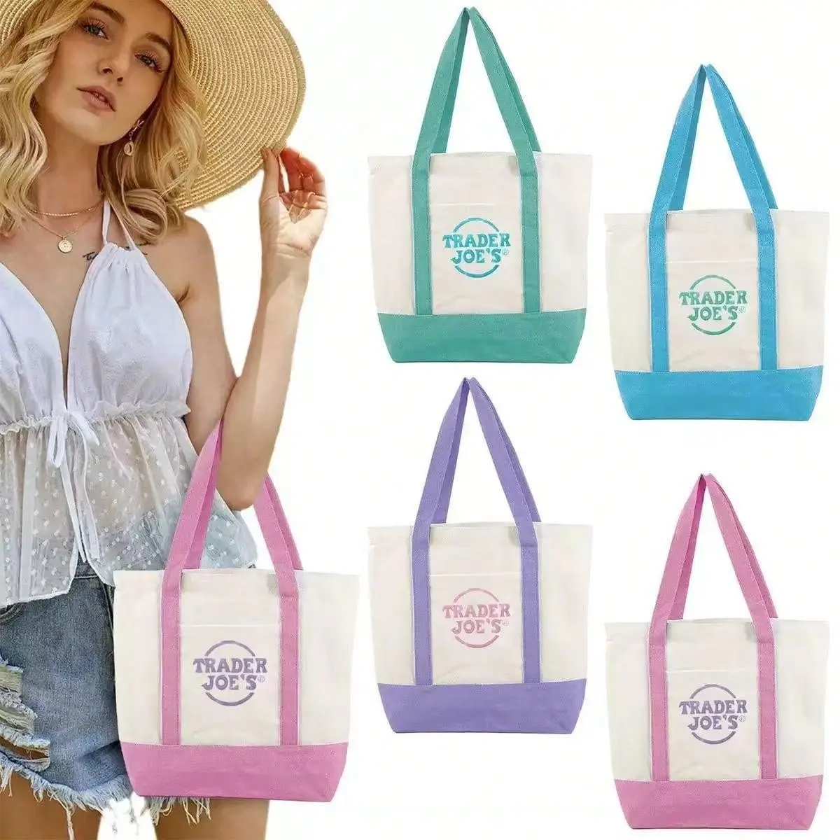 Trader Joe-Style High-Capacity Heavy-Duty Cotton Canvas Tote Bag - Small, 1-Pocket, Pastel 2-Tone Embroidered Classic Casual Reusable Shoulder Carryall for Grocery Shopping,Farmers Market