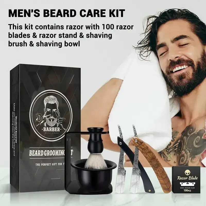 Men's Shaving Set - Includes a straight razor with a wooden handle, a shaving brush and bowl, single-edge razor blades, and a travel case; the perfect gift set for fathers and boyfriends Kit Shaving Products