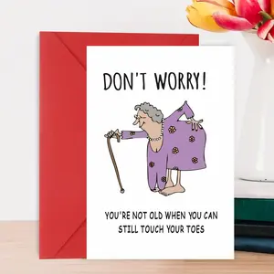 1PC Amusing Birthday Greeting Card with Envelope, Optimistic Old Lady with Cane & Birthday Hat Design, Paper Material, Suitable for Friends, Family, Lovers, Couples, Colleagues