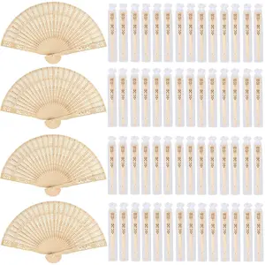 60 count Sandalwood Fans Wooden Folding Fans with  Bags  Handheld Fans for Wedding Gifts,  Shower, Party Favor,  Decoration