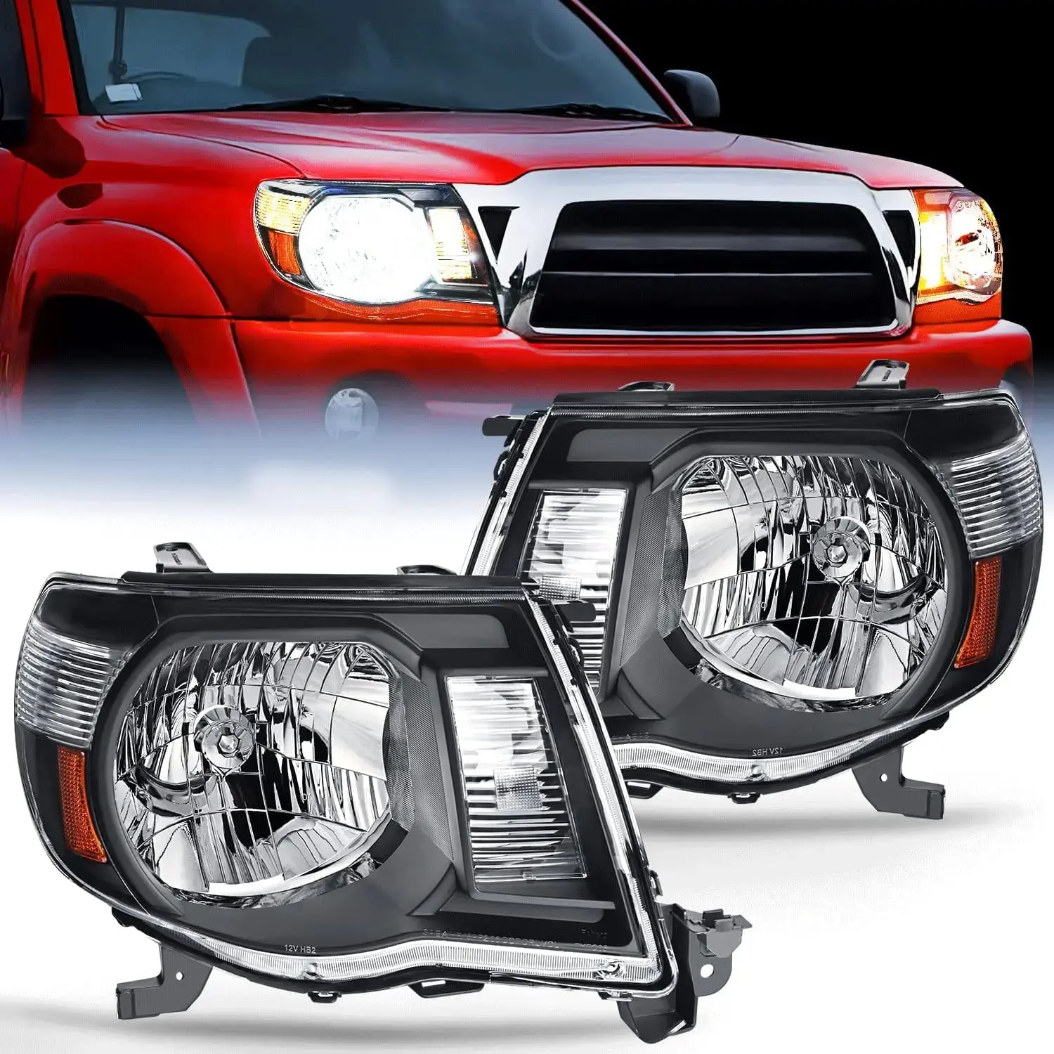 Nilight Car Headlights Assembly, Vented Headlight for 2005-2011 Toyota Tacoma, Black Case with Amber Reflector, Headlight Vented