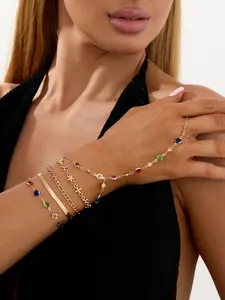 Vintage Metal Interlocking Bracelets Set, Boho Style Colorful Crystal Bracelet, Women's Daily Wear & Vacation Jewelry, Holiday Gift