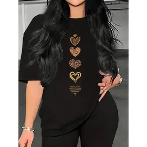 Women Heart Print Short Sleeve Tshirt Women Loose Fit Breathable Non Sweaty Versatile Commute Casual Top Daily Wear for Women