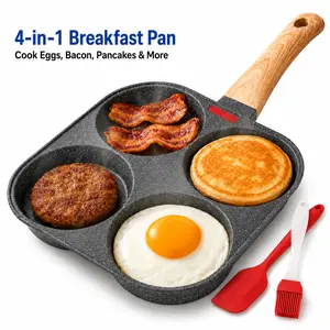4-Hole Medical Stone Non-Stick Aluminium Egg Frying Pan with Wooden Handle - Multifunctional Grill, Omelet/Pancake/Burger Maker for Home Breakfast Quick Cooking, Beige Cookware Skillet